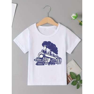 Taglie Europee T-shirt Creativa da Ragazzo con Stampa Treno Retrò, Magliette Casual Leggere Comode a Manica Corta, Abbigliamento per Bambini per l'Estate