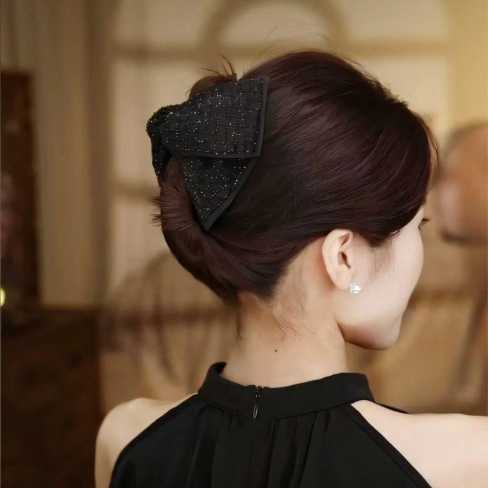 Schwarzer Stoff Strass Haarspangen Temperament Krallenklemme Elegante Haarnadeln Damen Kopfschmuck