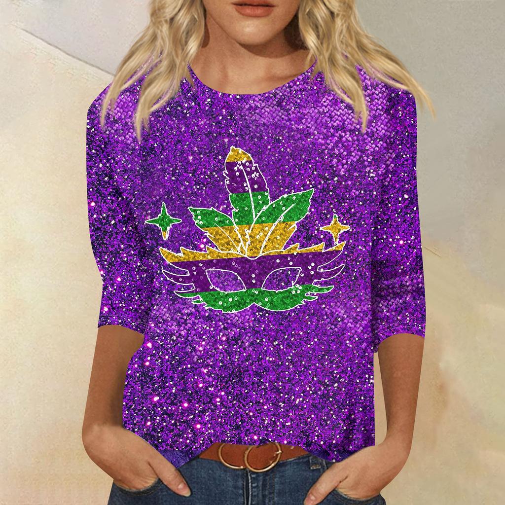 Dámské módní ležérní tričko s kulatým výstřihem a tříčtvrtečním rukávem s potiskem karnevalu