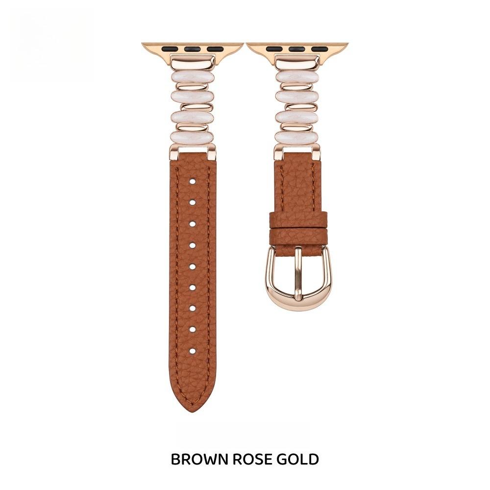 Women Luminous Moon White Beaded Lychee Grain Spliced Leather Slim Strap for Apple Watch Series12 11 10 SE1 2 3/Ultra4 3 2 38/42/44/45/49 mm