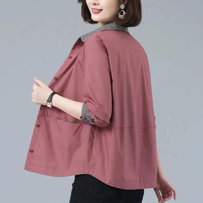 Women's Spring and Summer Versatile Color-Block Shirt Jacket Korean Style Plus Size Casual Shirt Fashion Slimming Outerwear