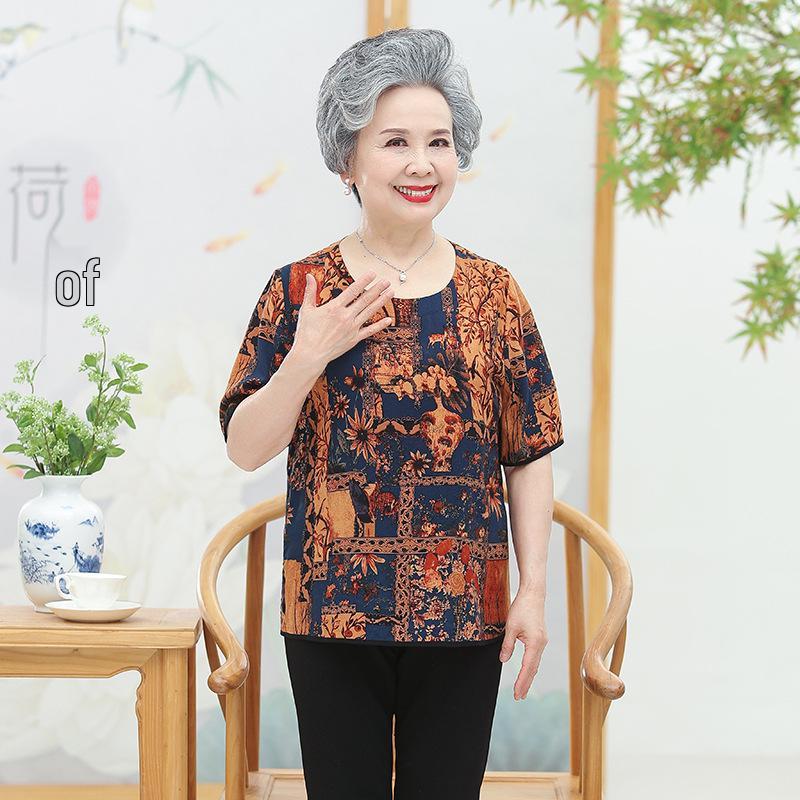 

2026 Plus Size Cotton Silk T-shirt for Middle-Aged & Elderly Women - Short Sleeve, Loose Fit, Grandma s Summer Top 5XL (150-165 jin) синій