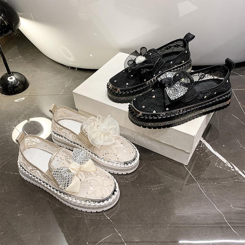 Fashion New Platform Diamonds Butterfly Knot Women Flats Bling Woman Rhinestone Ladies Casual Mesh Chunk Sole Slip-on Shoes Size 43