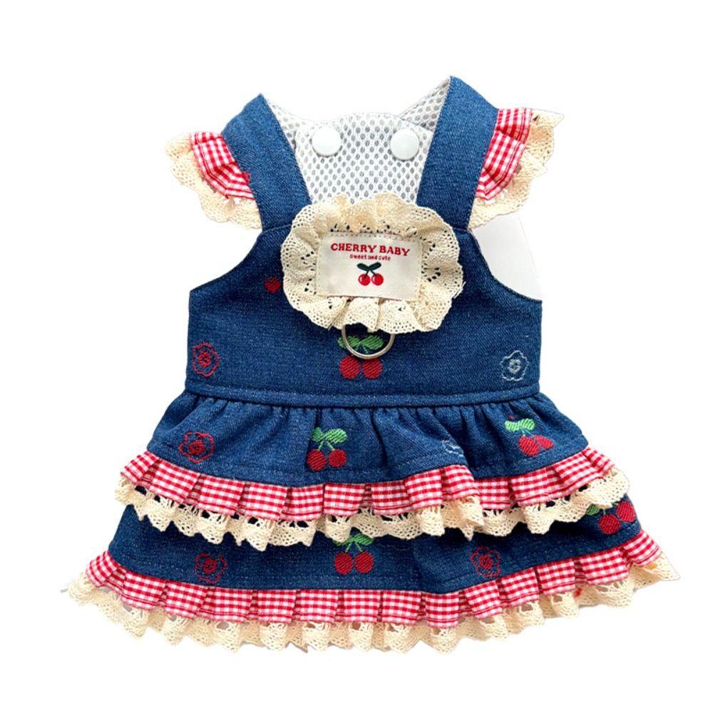Denim Cherry Pet Dog Skirt Breathable Mesh Soft Vest Dog Denim Dress Lace Comfortable Puppy Clothing with Leash Small Dogs