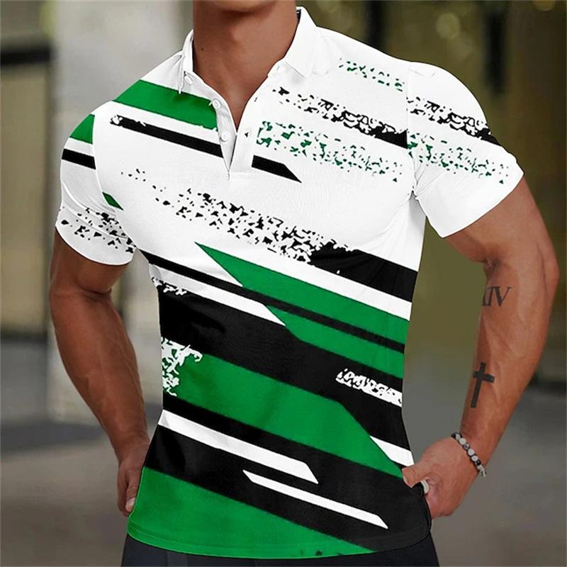 Summer Men's New Short Sleeved Lapel Button Striped 3D Printed Casual Top POLO Shirt