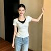 Korean Spice Girl Fake Two-piece Polka Dot Neck Short Sleeve T-Shirt Women's Summer Beauty Slim Skinny Kink Shoulder Top