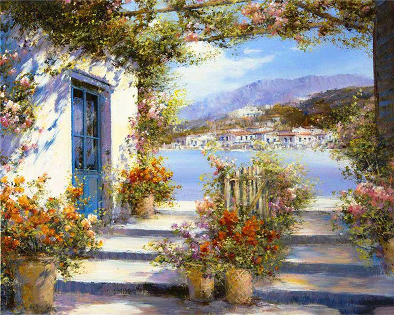 RUOPOTY Barvení podle čísel Městská krajina pro obývací pokoj na plátně Jedinečný dárek akrylový obrázek podle čísel domu