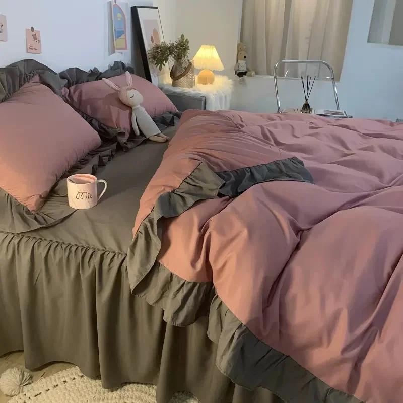 Ins Princess Style Bedding Set For Woman Cute Girl Solid Color Ruffles Duvet Cover Queen King Bed Sheet Bed Skirt Pillow Covers