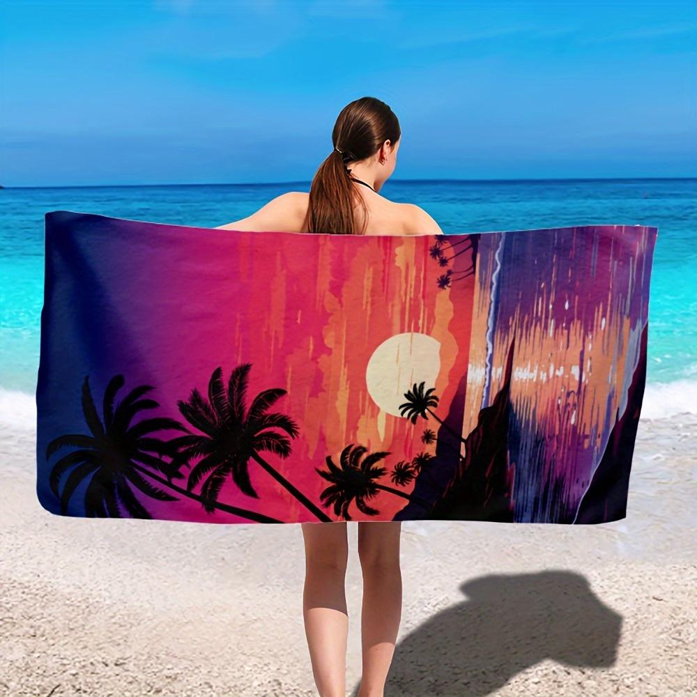 1pc Cartoon Coconut Tree Sunset Beach Towel for Women, Soft Printed Towel for Camping Fitness Yoga Swimming