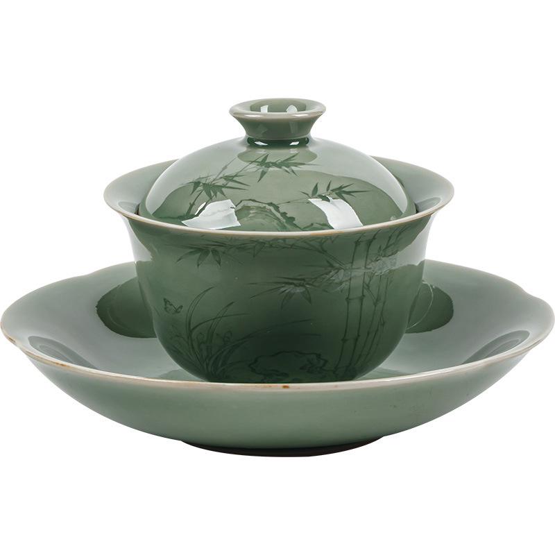 Guanlan Yue Celadon Ceramic Non-Scalding Gongfu Tea Bowl Set - Three-Piece Lid Bowl with Shadow Carving