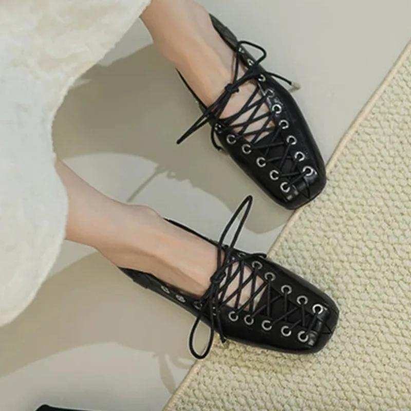 Módní dámské baleríny Jaro Léto Novinka Ležérní šněrovací kulatá špička Kožený interiér Gumová podrážka Boty