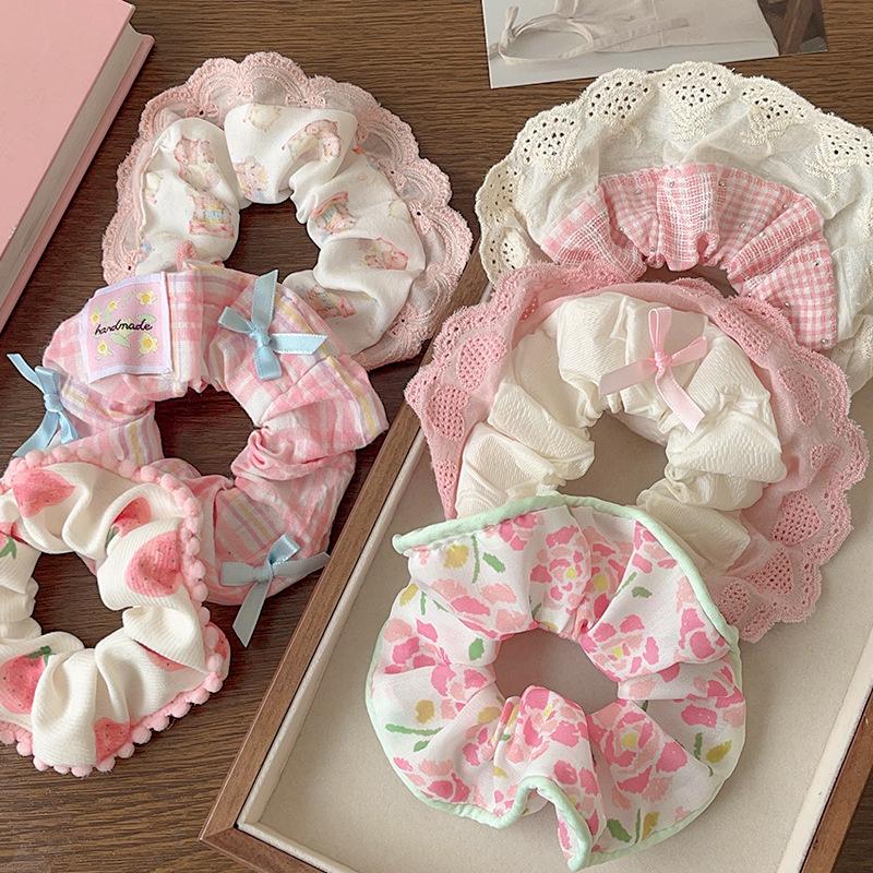 Elegant Print Lace Edge Wide Scrunches For Women Girls Sweet Hair Tie Cute Exquisite Hair Band  Hair Accessories Gifts