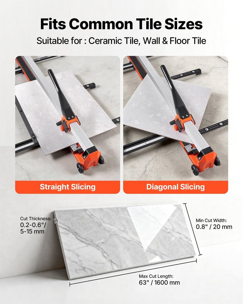 1600 mm Manual Tile Cutter, Upgraded Rail and Sliding Head, Precision Alignment Guide, Tungsten Carbide Cutting Wheel, Support Legs with Swivel