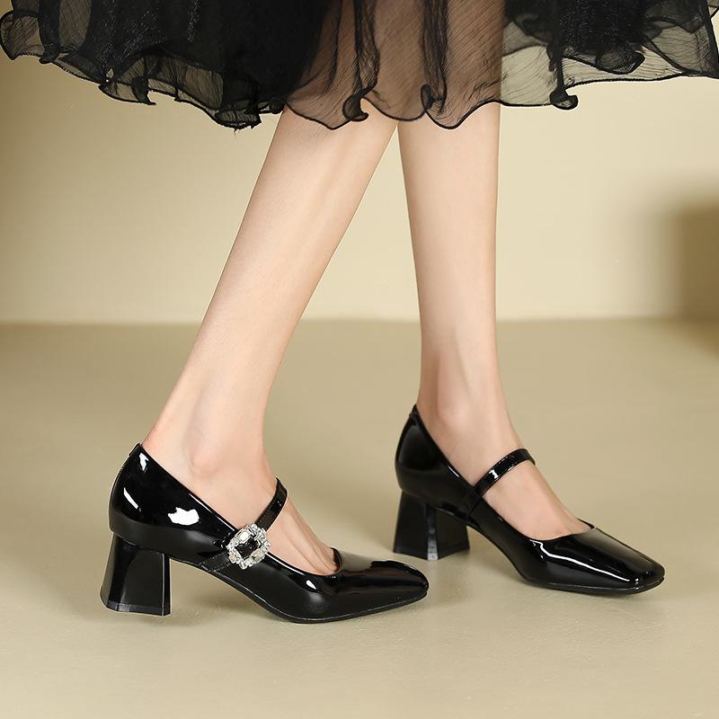 99 one-word bag head thick heel single shoes women's square head rhinestone high heels student dress professional commuter women's shoes