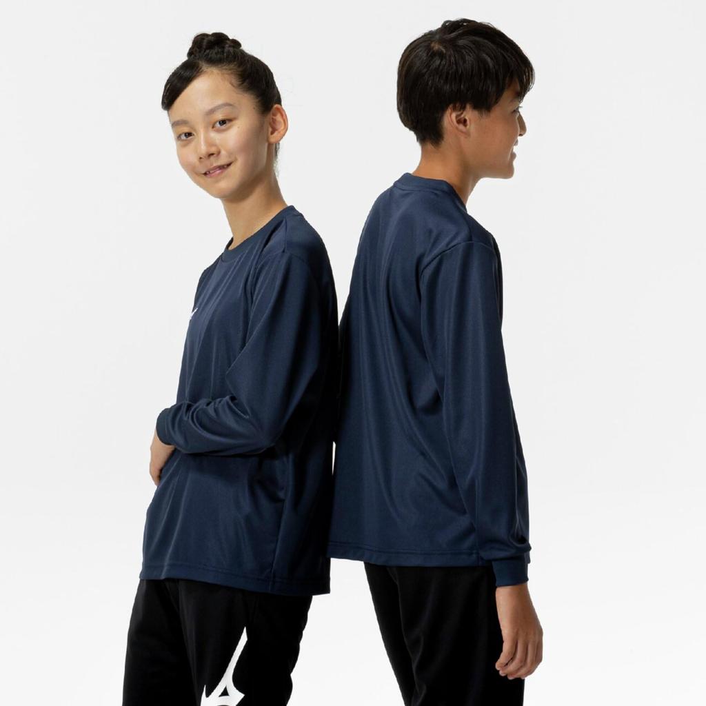 Mizuno NaviDry Long Sleeve Dress Size 160 Kids' T-Shirt, U-Neck, Moisture-Wicking, Quick-Drying, Undershirt, 32MAC495, Navy/White,