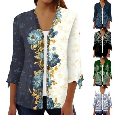 3/4 Mouw Open Voorkant Vest Voor Dames Knoopsluiting Retro Bloemen Vest Voor Jurk V-Hals Dames Tops Coverup