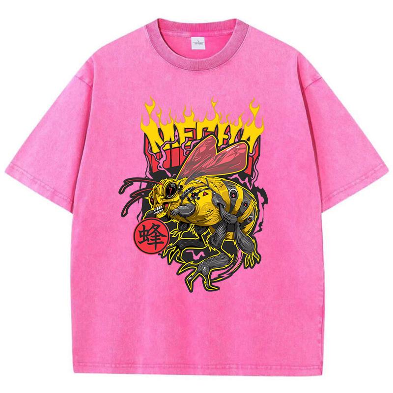 Womans Acid Wash T-Shirts Retro Manga Bees Printing Tops Crewneck Distressed Oversize Cotton Tees Trend Female Clothes