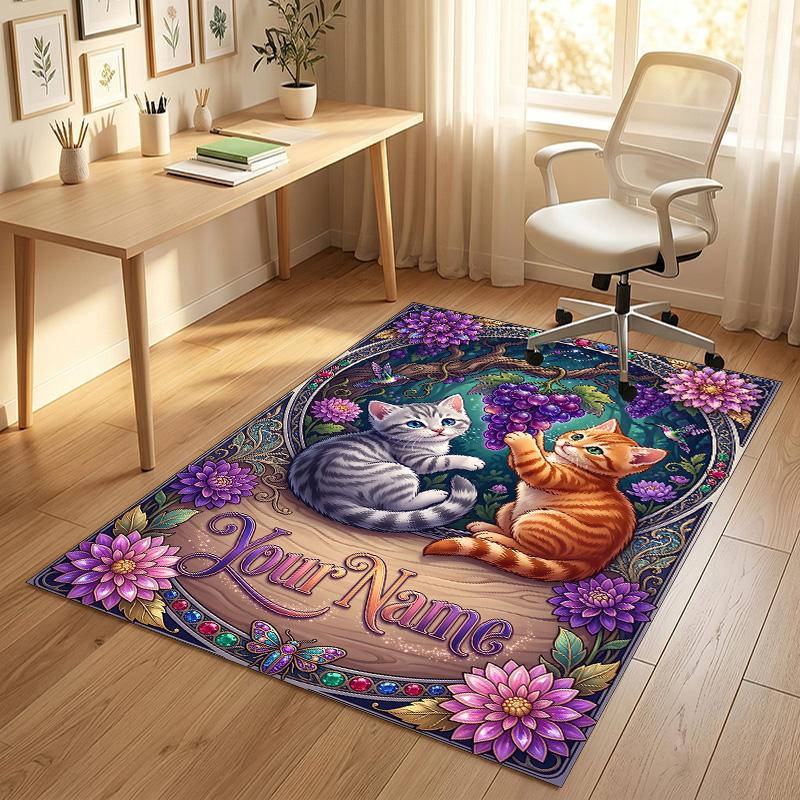 Garden Cats Theme Soft Crystal Velvet Rug Custom Name & Text Print Non Slip Floor Rug for Bedroom Living Room