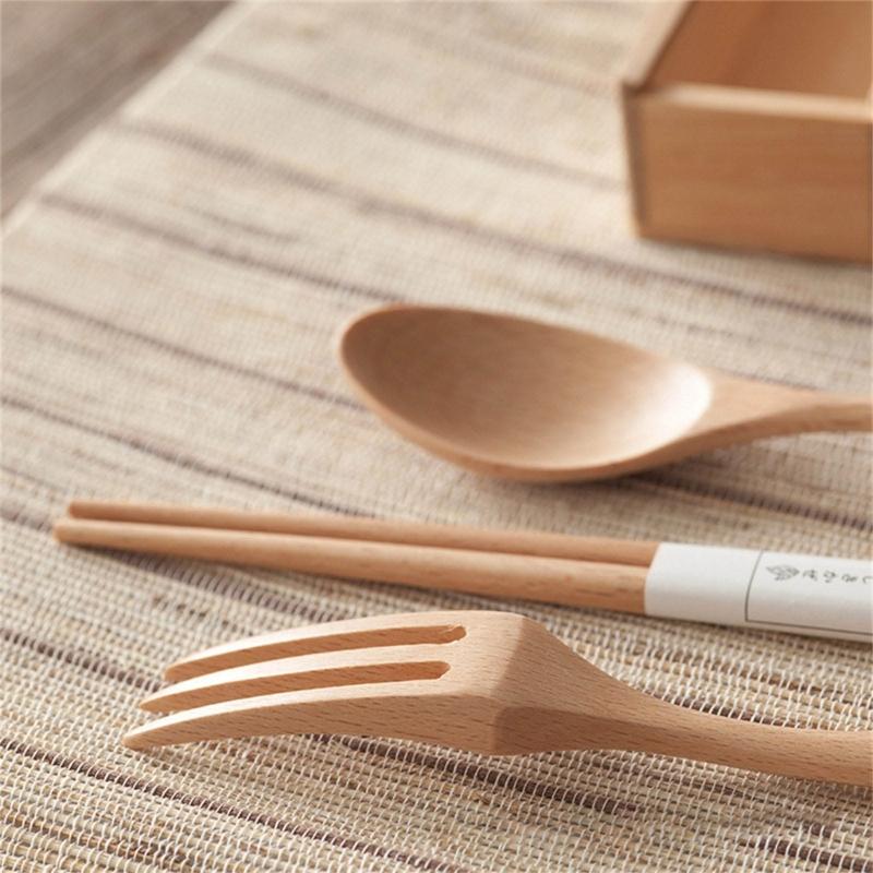 Natural Wooden Utensils Set With Fork Spoon Chopsticks Compact Travel Essential For Office School Outdoor Dining