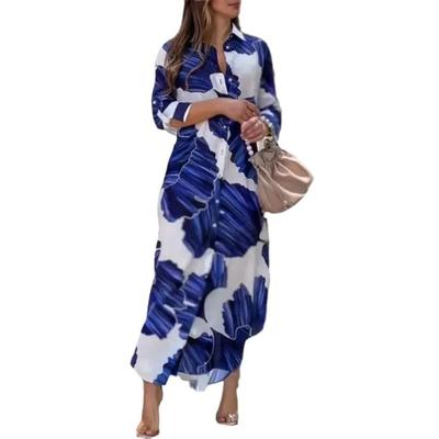 Spring and Autumn Women's Lapel Casual Loose Printed Long Sleeve Holiday Shirt Dress