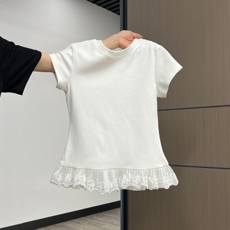 

Женская весенне-летняя футболка с кружевной отделкой по низу, круглым вырезом и коротким рукавом – элегантный многослойный внутренний стиль Extra Large