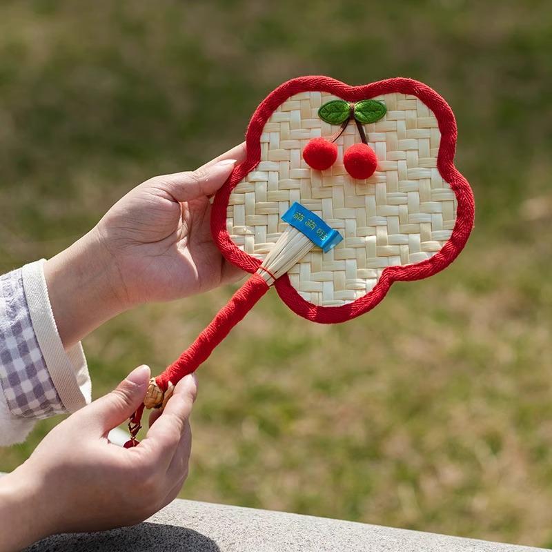 Cherry Handmade Mini Cattail Fan - Cute Cartoon Design, Portable Ancient Chinese Style for Summer