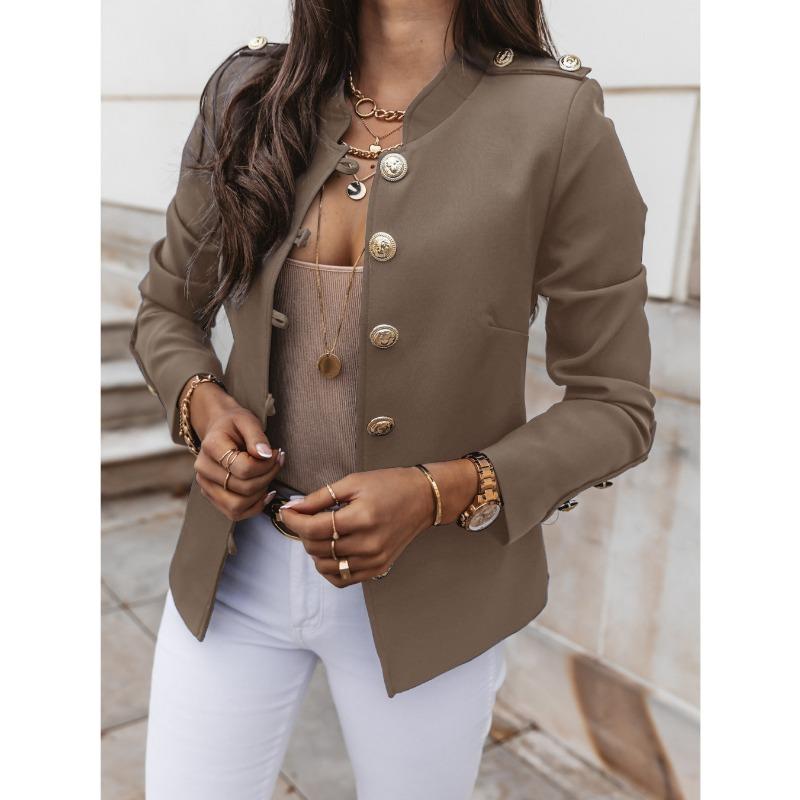 Autumn Winter Stand Collar Solid Color Elegant Fashion Coat Women Single Breasted Jacket Cardigan Blazer Top