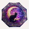 Stained Glass Cat Moon Automatic Folding Umbrella  8 Ribs, Durable Iron Frame, Bright Color Pattern Compact Travel Umbrella, Suitable for Ou