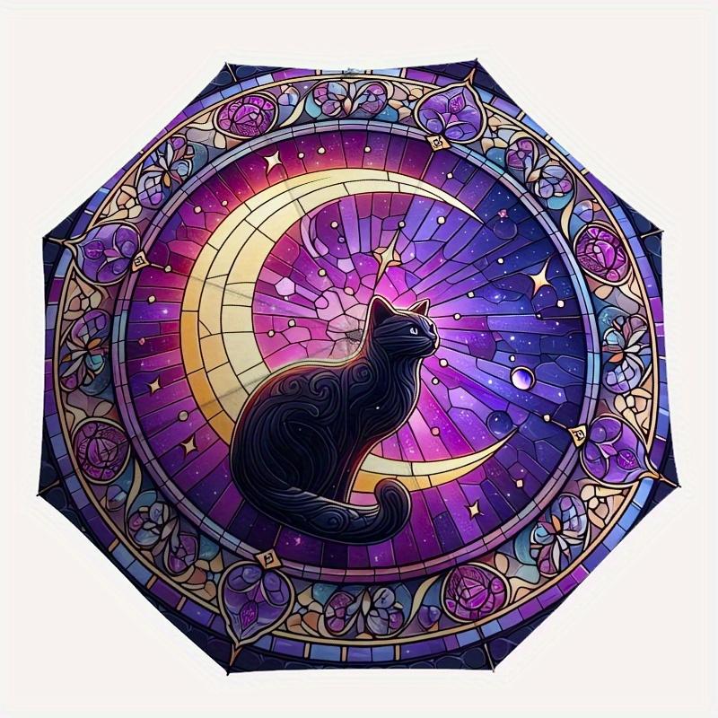 Stained Glass Cat Moon Automatic Folding Umbrella  8 Ribs, Durable Iron Frame, Bright Color Pattern Compact Travel Umbrella, Suitable for Ou