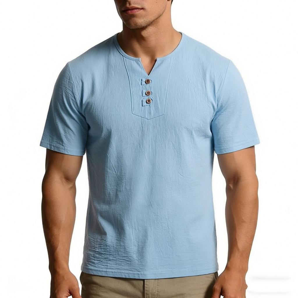 Men Chinese Style Retro Casual V Neck Short Sleeve Solid T Shirt