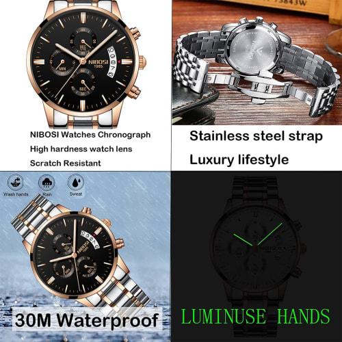NIBOSI Men's Business Watch, Black, Big Face, Chronograph, Analog, Stylish, Casual, Metal Band, Stainless Steel, Date Display, Fluorescent, Luxury, Fa