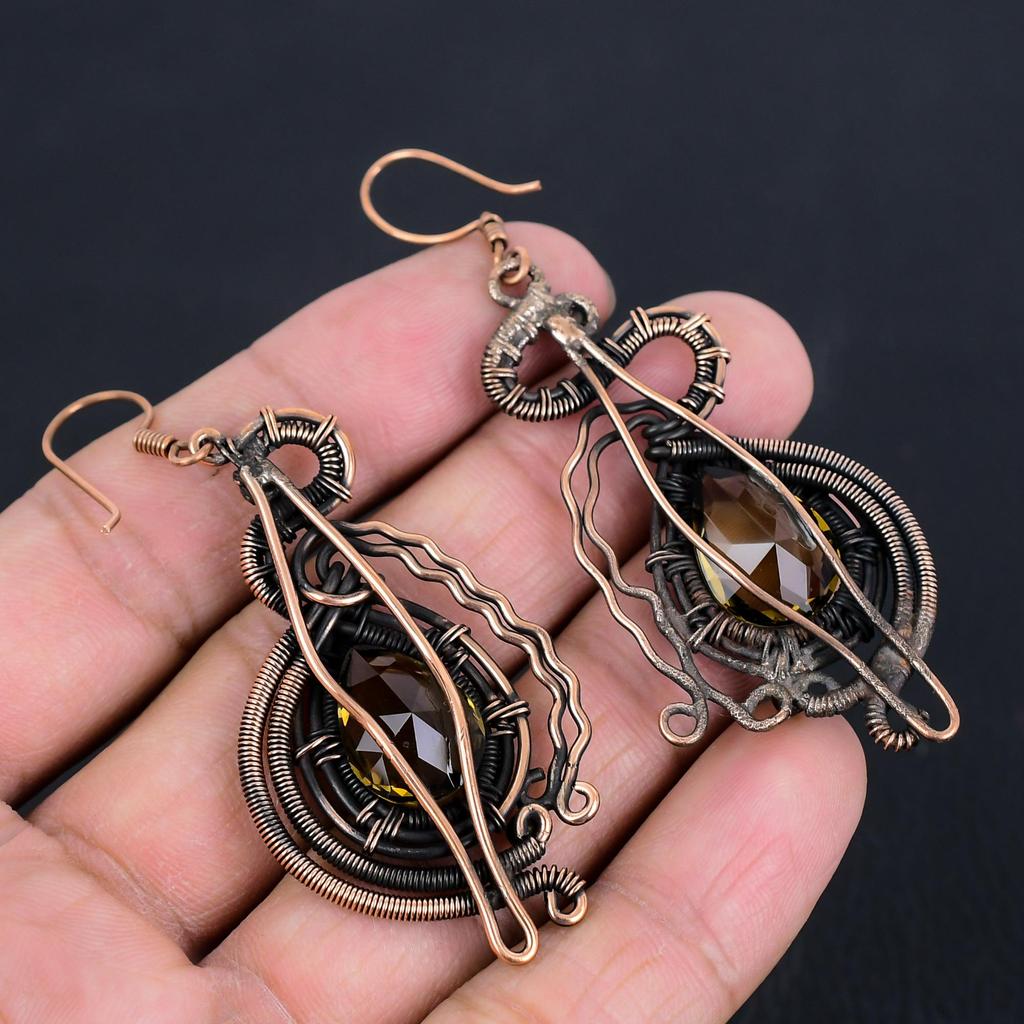 Smoky Topaz Earrings, 999 Copper Wire Wrapped Earrings, Handmade Gemstone Jewelry Earrings For Memorial Day
