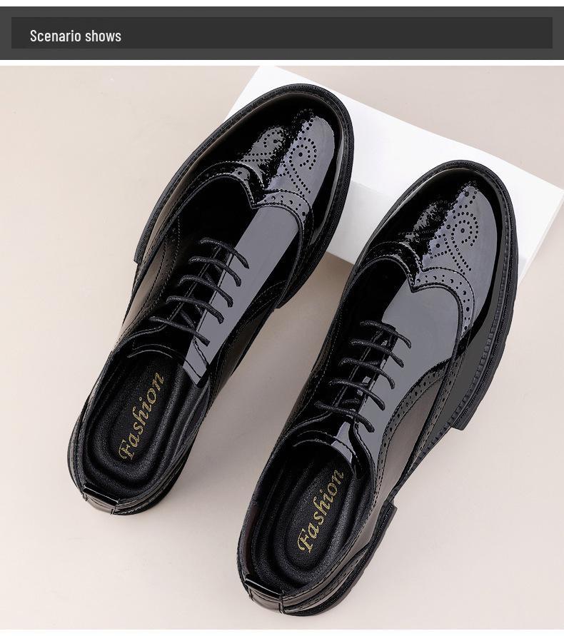 Men's Round Toe Brogue Carved Leather Shoes - British Style, Formal Business, Casual, Thick Sole, Shiny Finish.