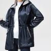 Autumn Winter Women's Fleece Leather Jacket Mid-Length Slim Fit PU Hooded Leather Jacket Flocked Thick Warm Leather Coat