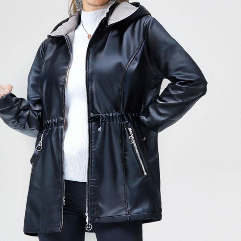 Autumn Winter Women's Fleece Leather Jacket Mid-Length Slim Fit PU Hooded Leather Jacket Flocked Thick Warm Leather Coat