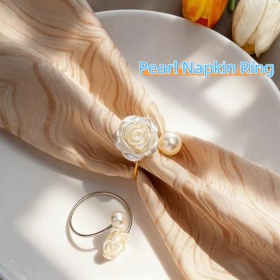 6PCS Decorative Elegant Pearl Napkin Ring Luxury Metal Rose Napkin Buckles Exquisite Serviette Buckles Festival Dining