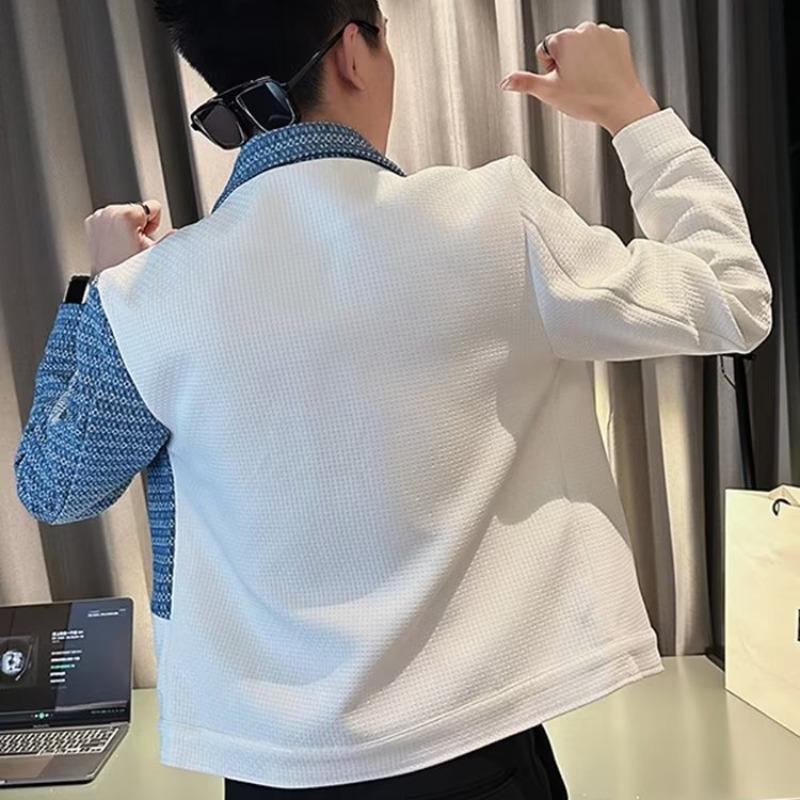 Men's Blue Denim Patchwork Jacket: Trendy Niche Design for Autumn.