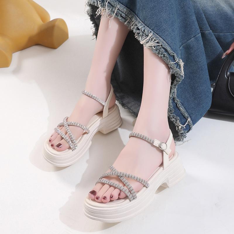 Sandals women's shoes 2025 summer new rhinestone muffin high heel outer wear platform fairy wind summer with skirt versatile