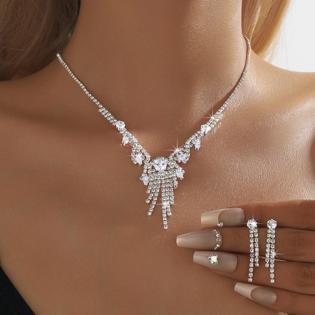 3PC Women's Fashion Design Tassel Necklace Earrings Zircon Set Suitable for Wedding, Party, Festival Gifts