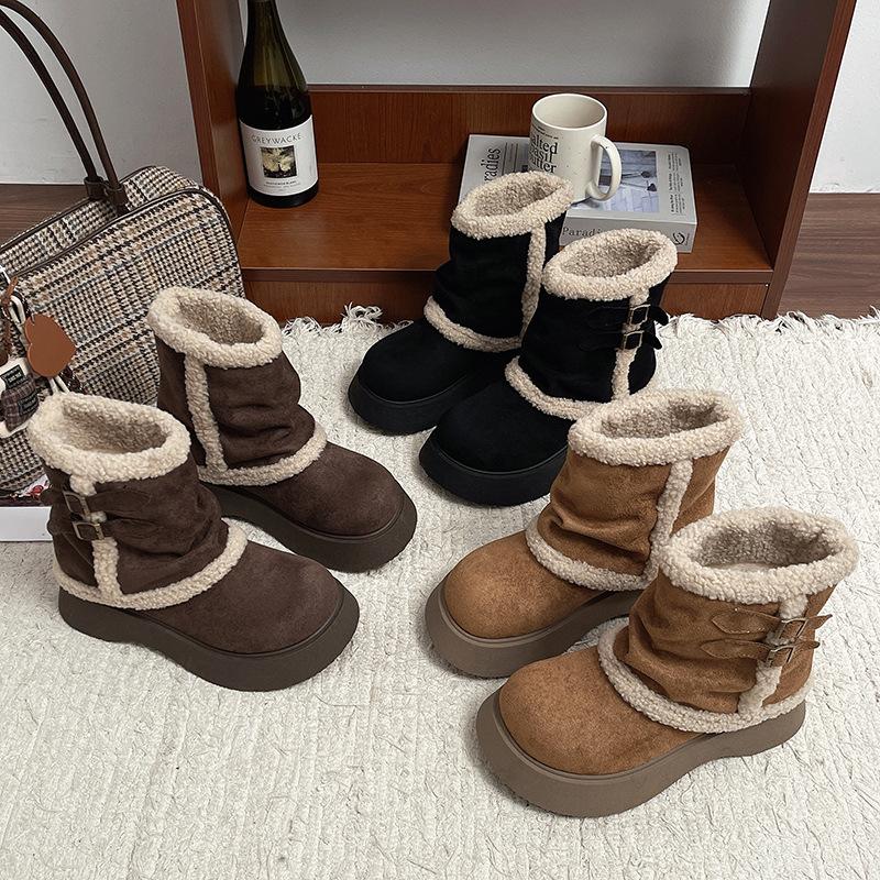 [Fanfna] Snow boots women's 2025 winter new thick-soled piled thickened warm retro lamb wool cotton shoes