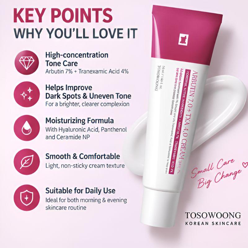TOSOWOONG Arbutin 7% + Tranexamic Acid 4% Cream Dark Spot Brightening Uneven Skin Tone Care 50ml