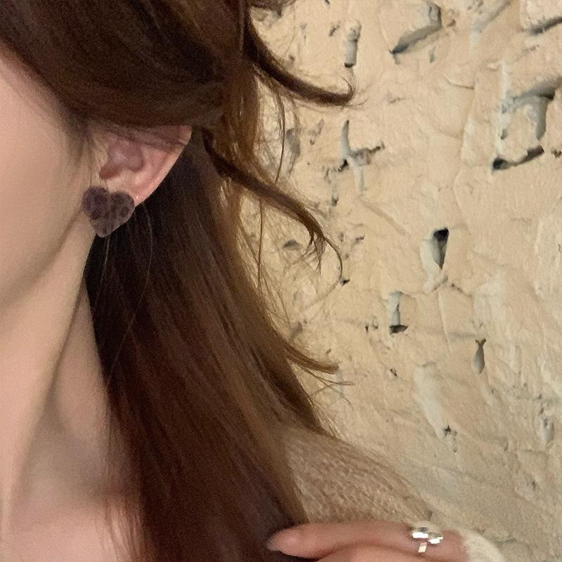 Autumn and winter flocking leopard print love earrings women's retro stud earrings unique temperament earrings