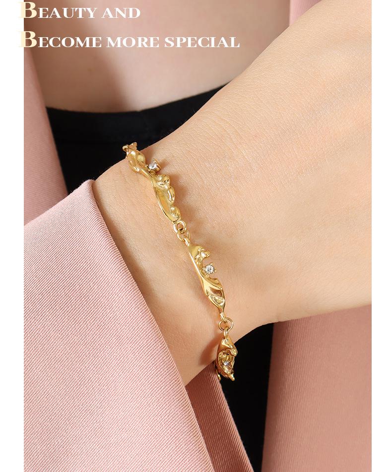 Irregular Inlaid Zircon Titanium Steel Bracelet with 18K Gold Plating