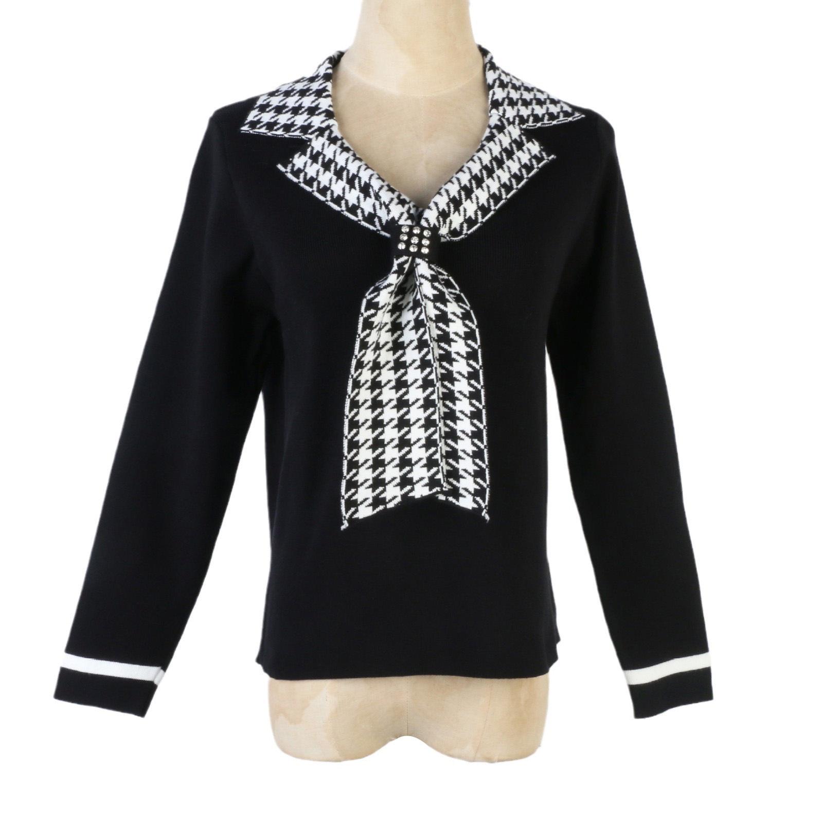 

Элегантный осенне-зимний вязаный свитер с воротником «гусиная лапка», украшенный бантиком и стразами, для женщин Medium