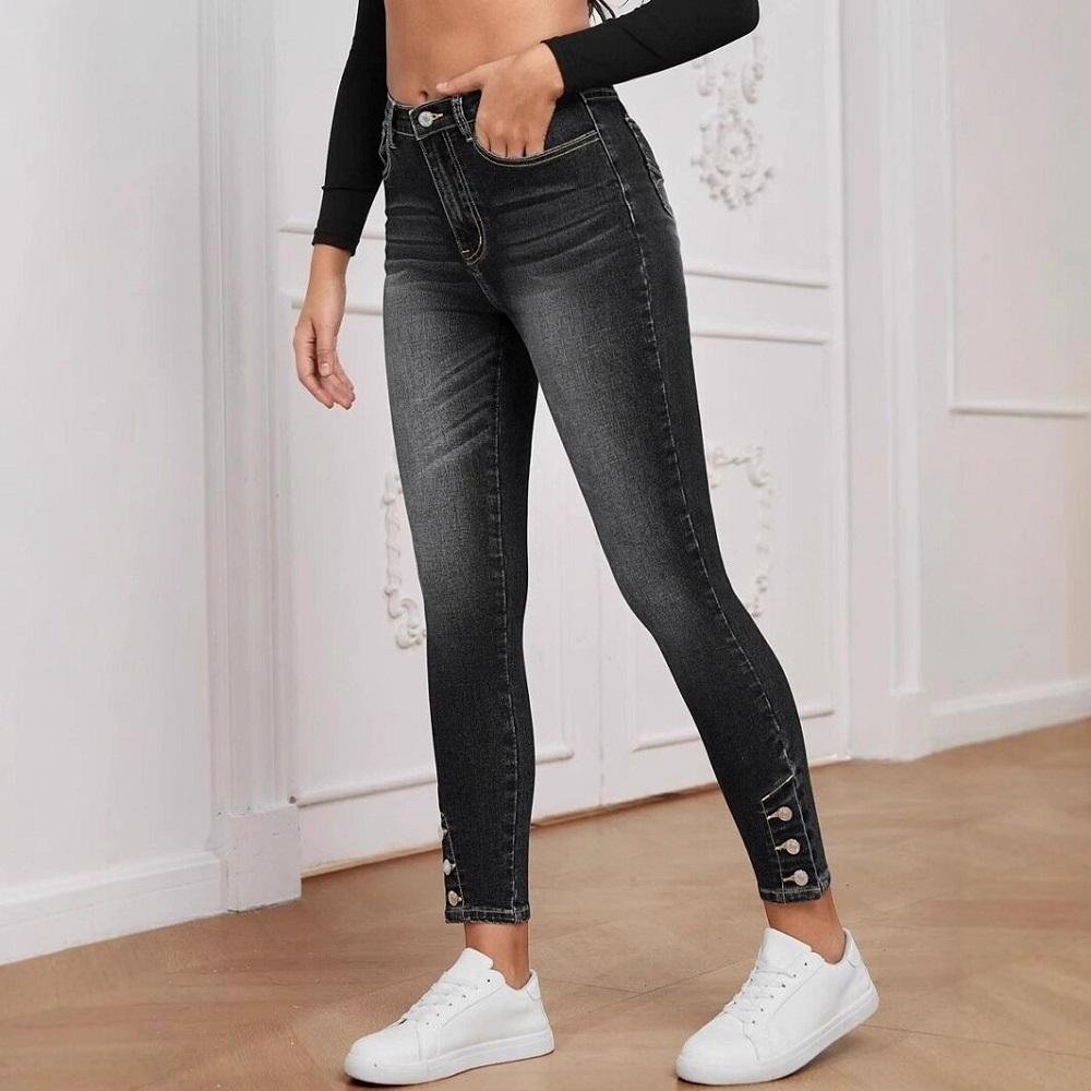 Women Stretch Denim Jeans Solid Color Skinny Pencil Pants Ladies Pockets Zipper Button Jean Trousers