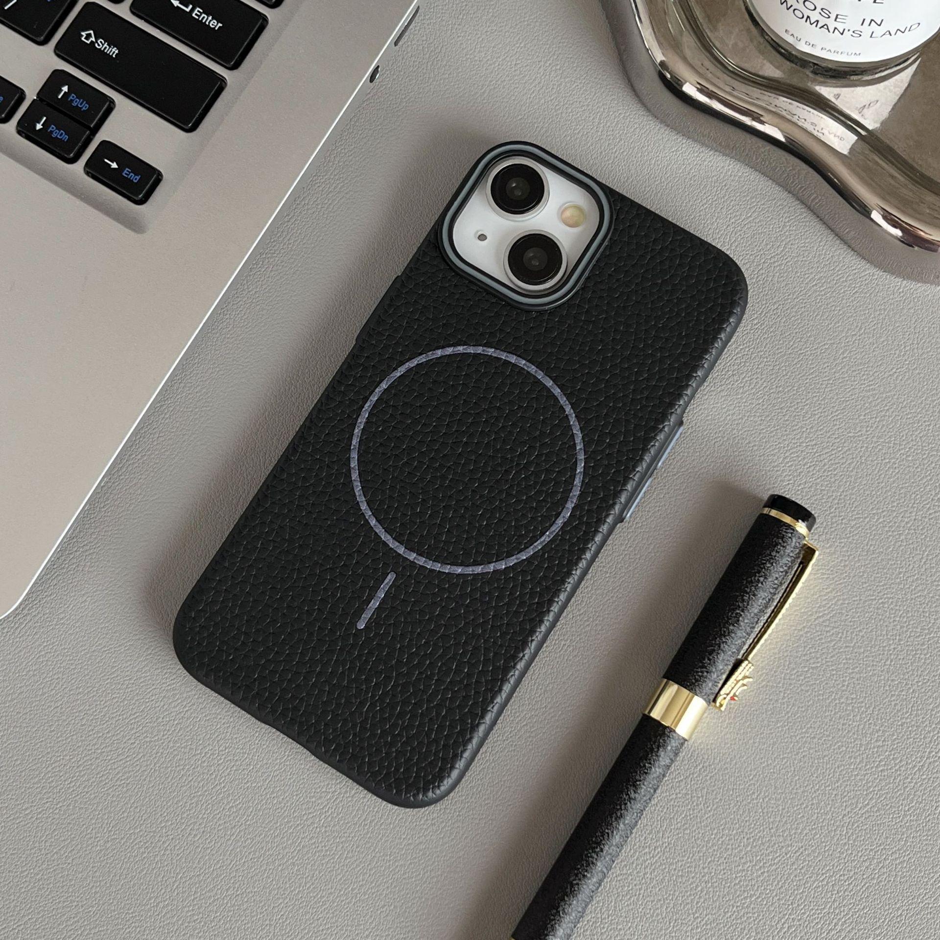 

Подходит для iPhone16promax Lychee Pattern Contrast Color Thin Circle Magnetic Absorbing IPhone15/14 Anti Fall Protection Case Apple X/XS universal
