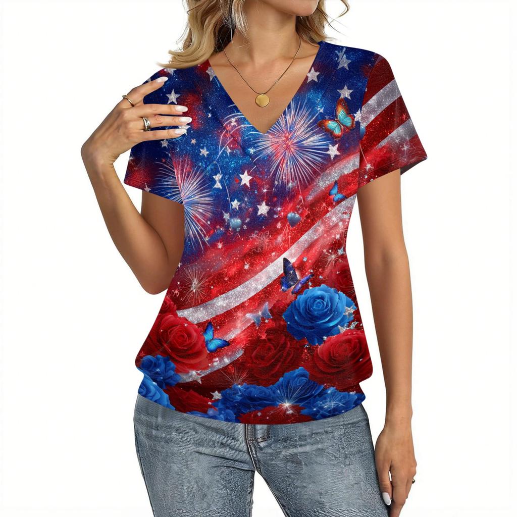 Women's Casual V Neck Short Sleeve Top Lightweight Printed T Shirt Relaxed Fit Soft Fabric Summer Tee for Everyday Wear