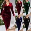 Summer Plus Size Long Sleeve Velvet Bodycon Dress Ruched Wrap Deep V Neck Cocktail Party Gown
