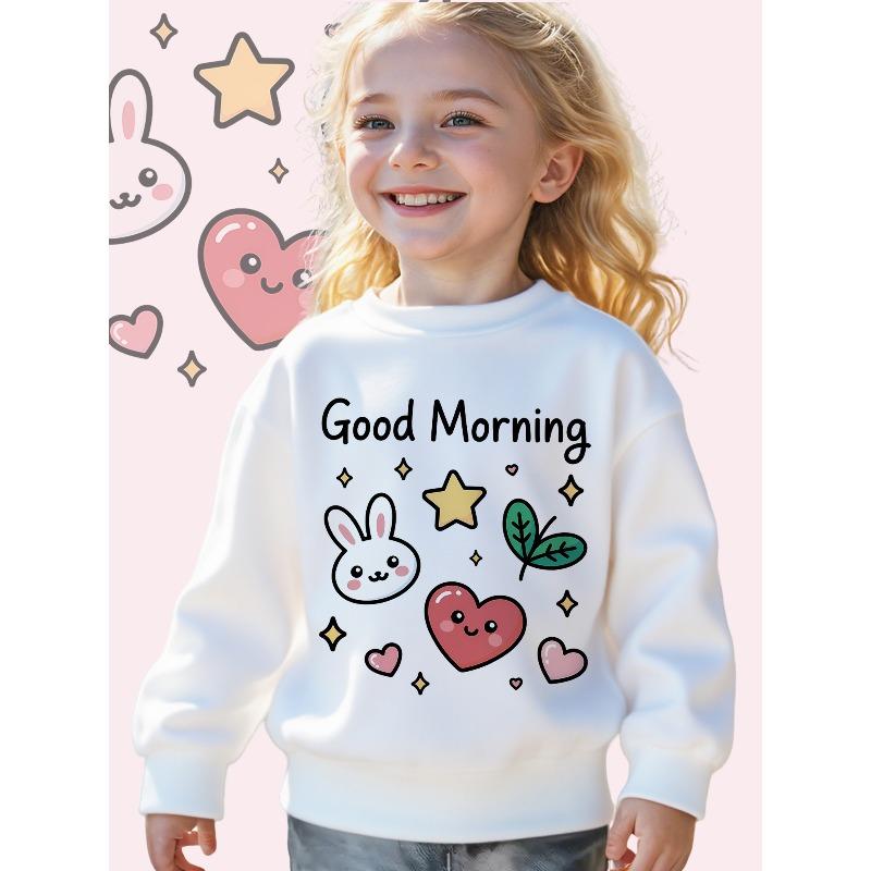 Kids Crewneck Sweatshirt, Cute Good Morning Bunny Hearts Stars Leaves Graphic Print