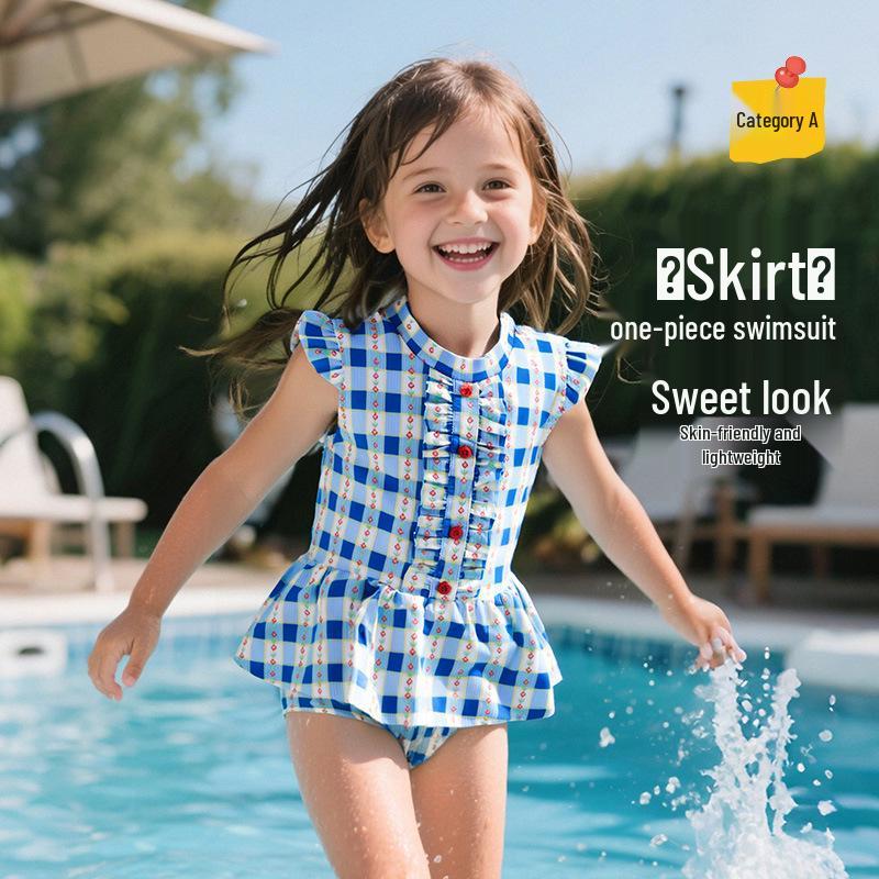 

Tongbei 2025 Summer Girls Plaid Ruffle Swimsuit – Sweet One-Piece Swimwear 140